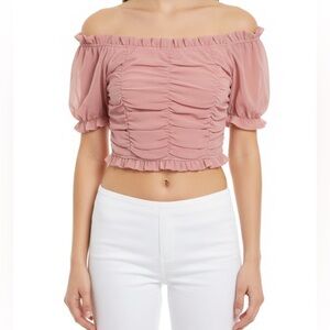 Papermoon Ruched Off-Shoulder Pink Crop Top